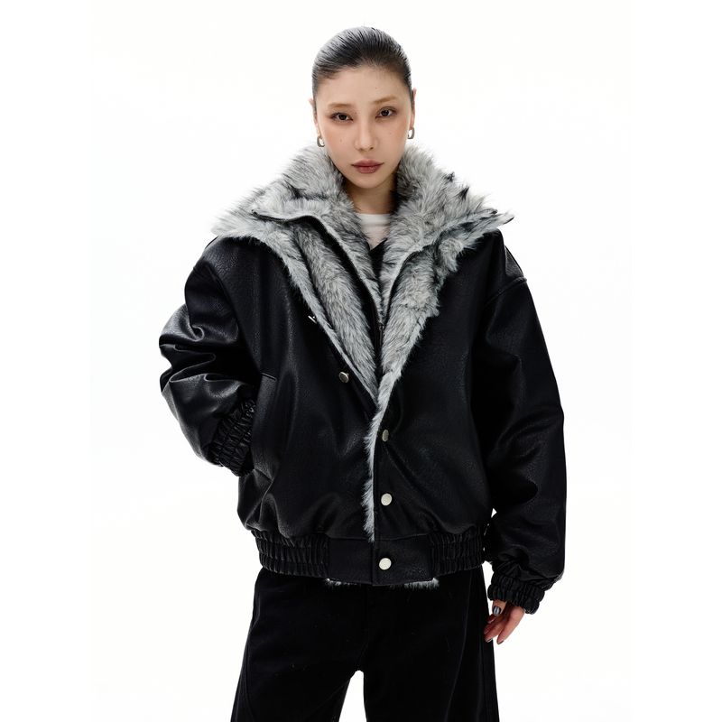 Kisko Winter American-Style Mountain Carving Warm Leather Jacket Cotton Coat for Men and Women, Cool Two-Piece Faux Silhouette Jacket Trendy