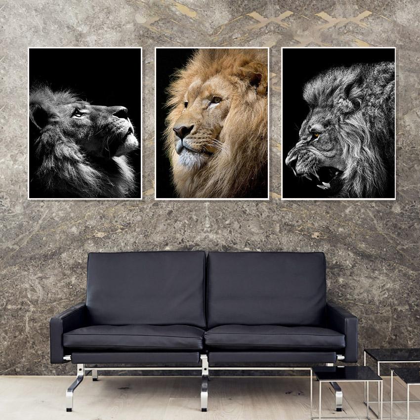 Rám z masivního dřeva Divoký lev Zvířecí plakát Umělecká reprodukce Nástěnné obrazy Severská černobílá malba na plátně Obývací pokoj Minimalismus Pop Art Domácí dekorace
