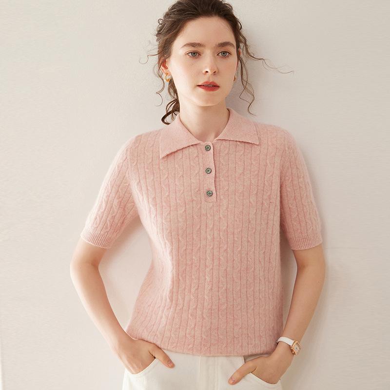Short-Sleeve Women's Cashmere Polo with Lambswool Collar, Loose Fit, Versatile Cable Knit.