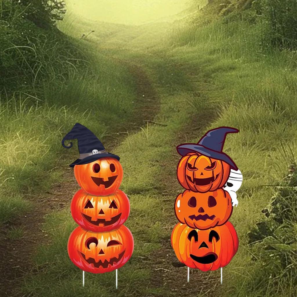 Halloween Pumpkin Stack Yard Signs with Spooky Witch Hats for Outdoor Party Decor - Set of 2 Pieces