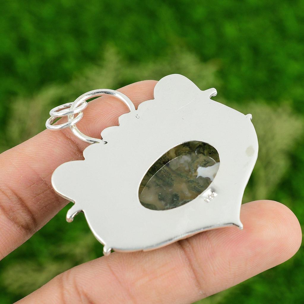 Daughters Day Deal 925 Silver Solar Moss Agate Gemstone Anniversary Wife Pendant