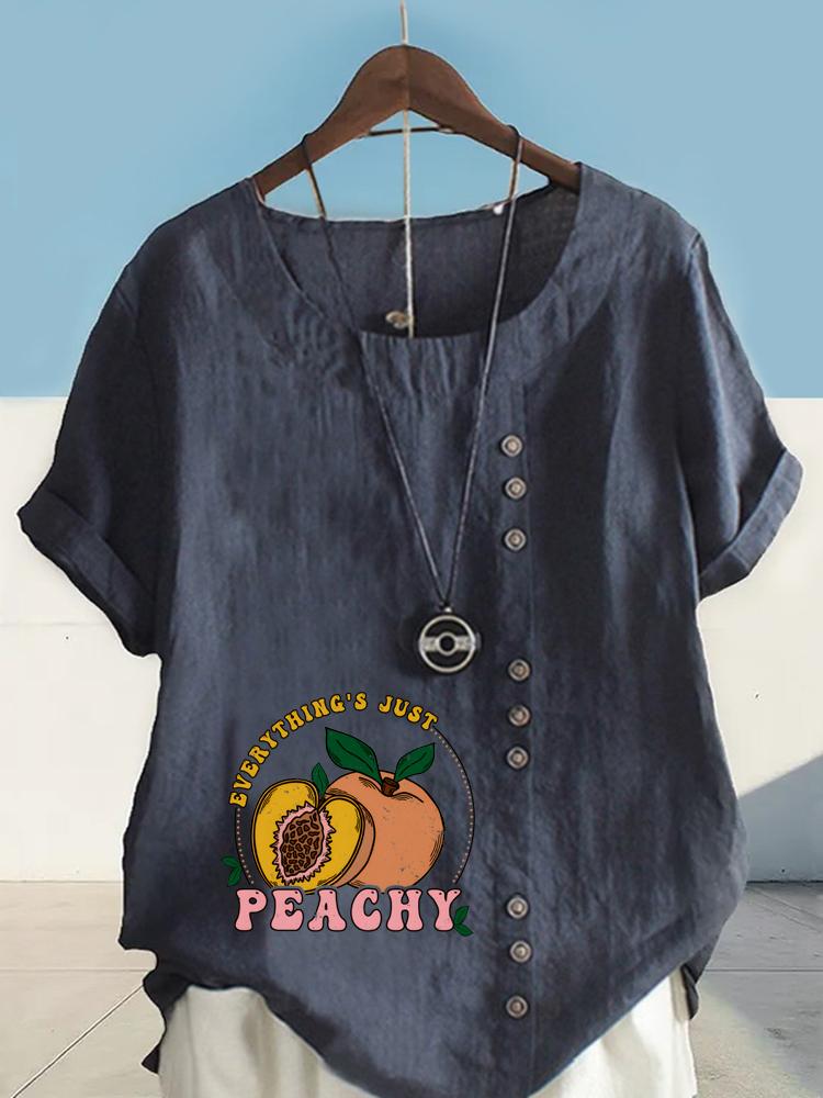Women's Fashion Peach Letters Print Shot Sleeve T-shirt Loose Cotton Shirt Casual Loose Summer Blouse Tops Plus Size