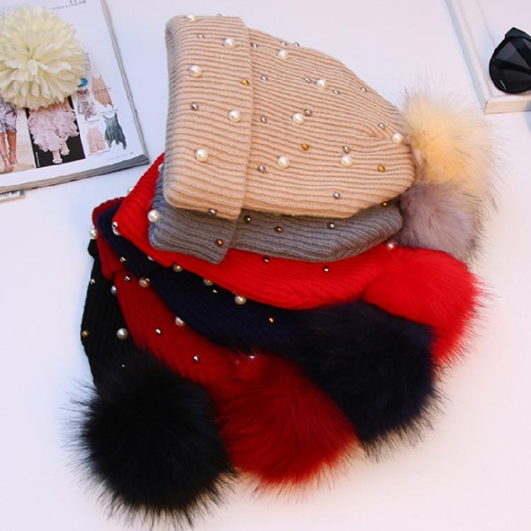 Solid Color Pearl Pompom Wool Hat Knitted Hat Beanie Hat Thicken Stretchable