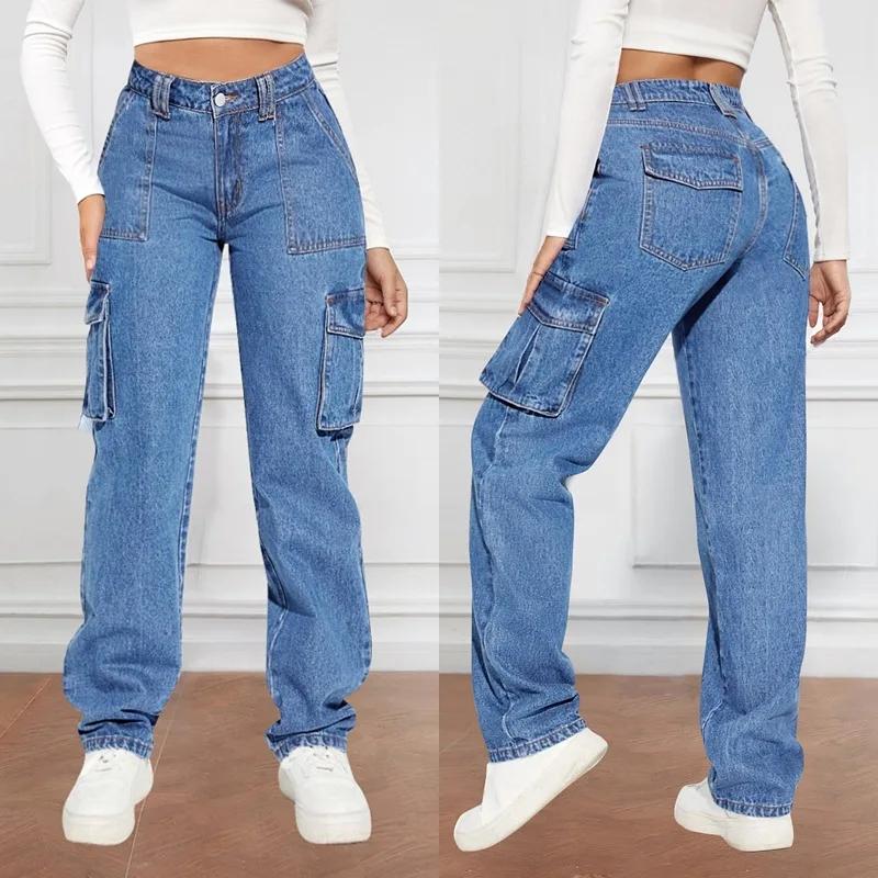 

American Retro Mid-waist Multi-pocket Cargo Pants Jeans, Women s Casual Loose Straight Long Pants, Patchwork Jeans,Spring Autumn S синий
