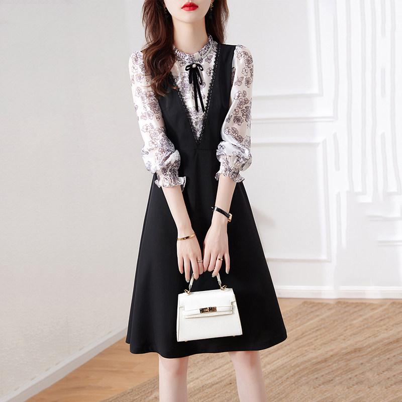

Floral Patchwork French Dress - Spring New Arrival: Elegant Waist-Cinching Two-Piece Skirt Design XL (60.5-65 kg)