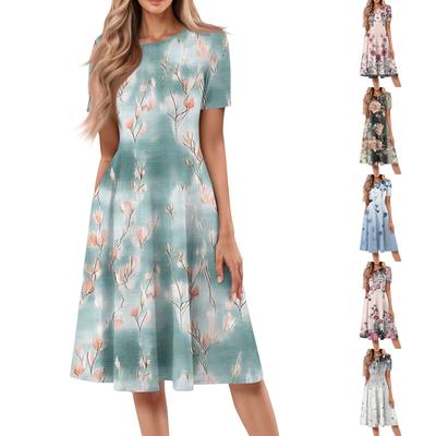 Women's Casual Fashion Round Neck Short Sleeve Print Midi Dress