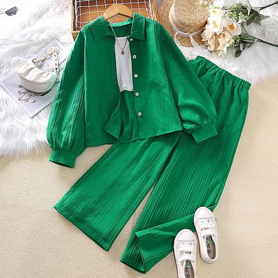 Children's Clothing Spring and Autumn New Children Lapel Long-sleeved Shirt Top + Trousers Girls Suit