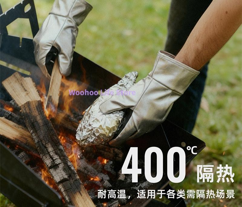 Hitzebeständige Grillhandschuhe Rindsleder Grillhandhabungshandschuhe Rutschfest Outdoor Kochhandschuhe Dicke Camping Feuerhandschuhe