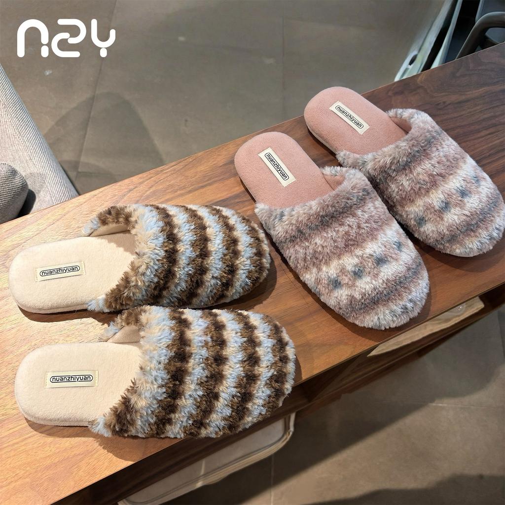 Retro plaid home cotton drag women's winter simple and light non-slip bedroom couple striped slippers men