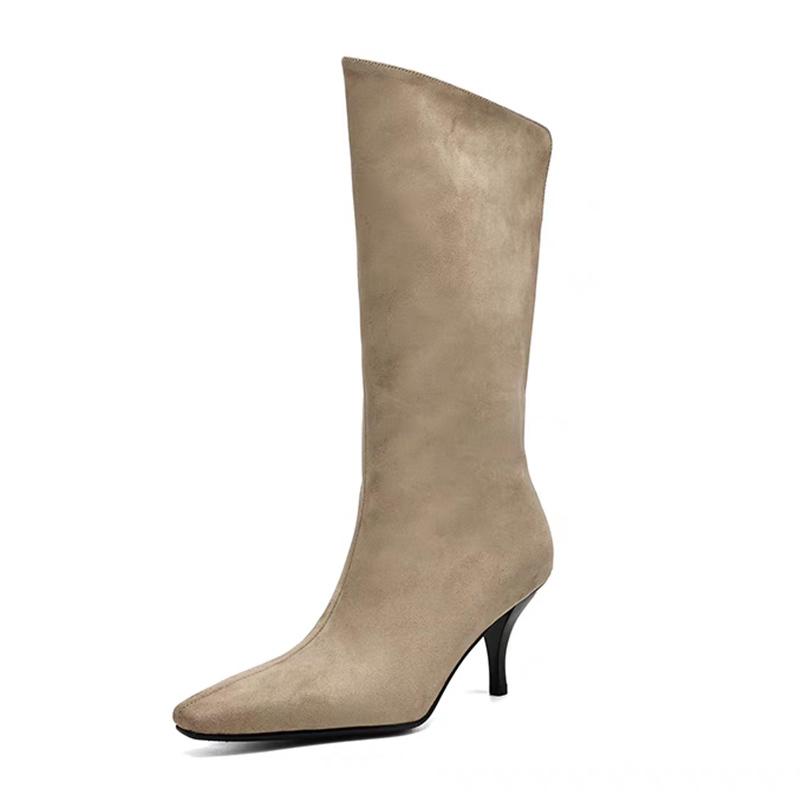 Cizme de damă din piele întoarsă până la jumătatea gambei, cu vârf ascuțit și toc mediu, pantofi la modă 2025, cizme Chelsea de iarnă de designer, pantofi cu toc la modă, botine goth pentru femei