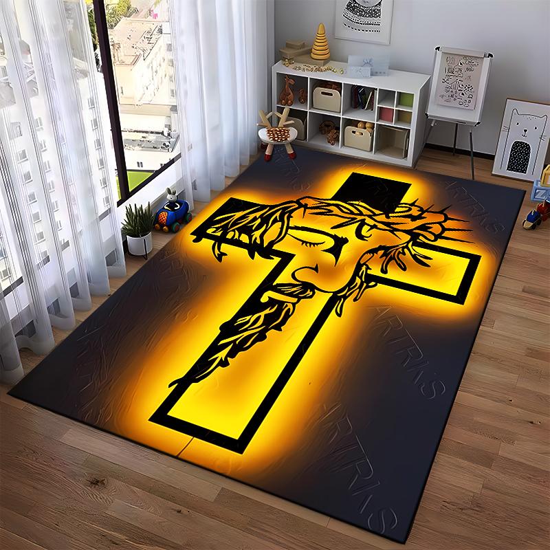 Christ Cross Printed Flannel Non-Slip Carpet Suitable for Living Room Home Decor