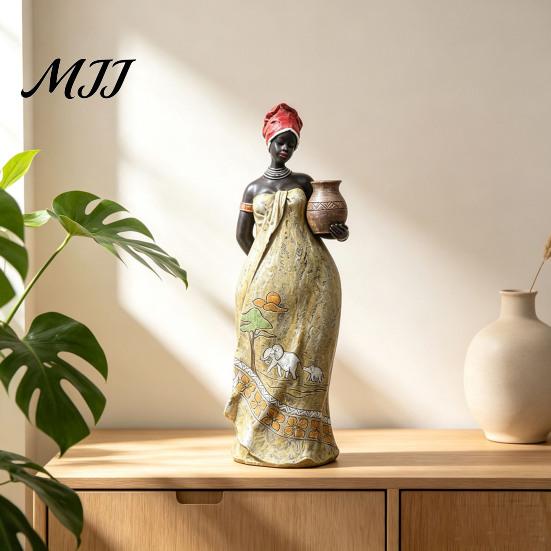 Sitting African Character Lady Figurine, Resin Ethnic Sitting/Standing Woman Statue, Hand-Painted Bohemian Home Decor for Tabletop Art Decoration