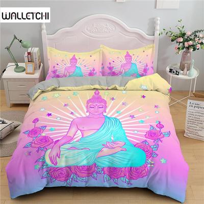 Colorful Buddha Duvet Cover Set Colorful Buddha Statue Religion Twin Bedding Set Polyester Pink Rose Decor King Size Quilt Cover