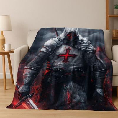 Templářský Krvavý Rytíř Čest Svatý Křižák Kreslená Flanelová Přikrývka, Útulná Měkká Přehozová Přikrývka pro Domov Ložnici Postel Pohovku Kryt Dárek