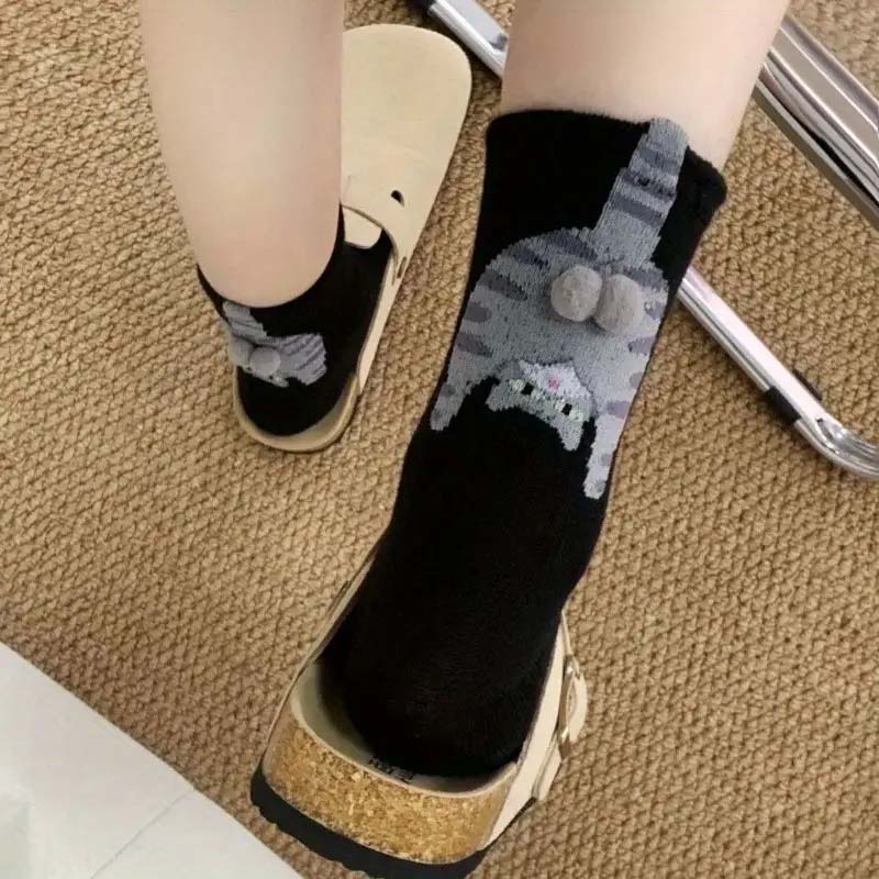 3/5 Paar Cartoon Katze Ei Paar Socken - Gemütliche Mid-Calf Baumwolle für Winter, Weihnachtsgeschenk für Katzenliebhaber & Familien, Damen Socken