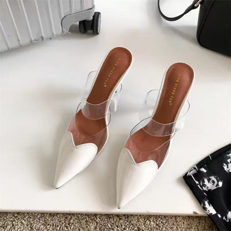 Fashion Women Mules Pointed Toe Slip On Patchwork Hearts Patent Leather Elegant Thin High Heel Slip On Lady Pumps