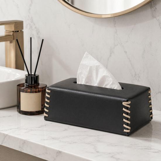 PU Leather Tissue Holder, with Hand-stitched Edges Design, Modern Style Smooth Paper Extraction Tissue Case for Home Office