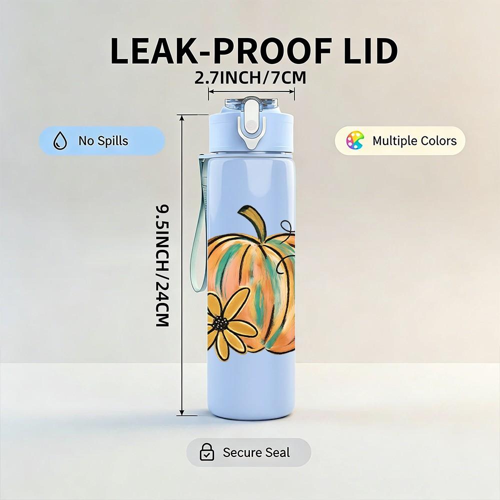 1PC Autumn Pumpkin Floral Art 750ml Color Plastic Sports Water Bottle Leakproof Flip Straw Lid Suitable for Sports Office Home Use