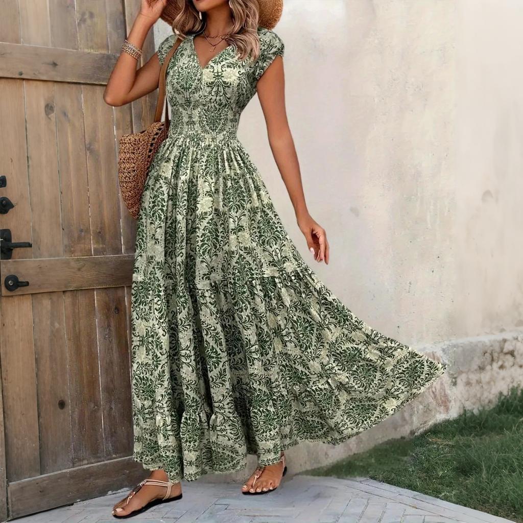 Rochie Maxi Vintage cu Imprimeu Floral pentru Femei, Decolteu în V, Mânecă Scurtă, cu Design în Talie, Elegantă, Fluidă, Lungă, pentru Purtare Zilnică