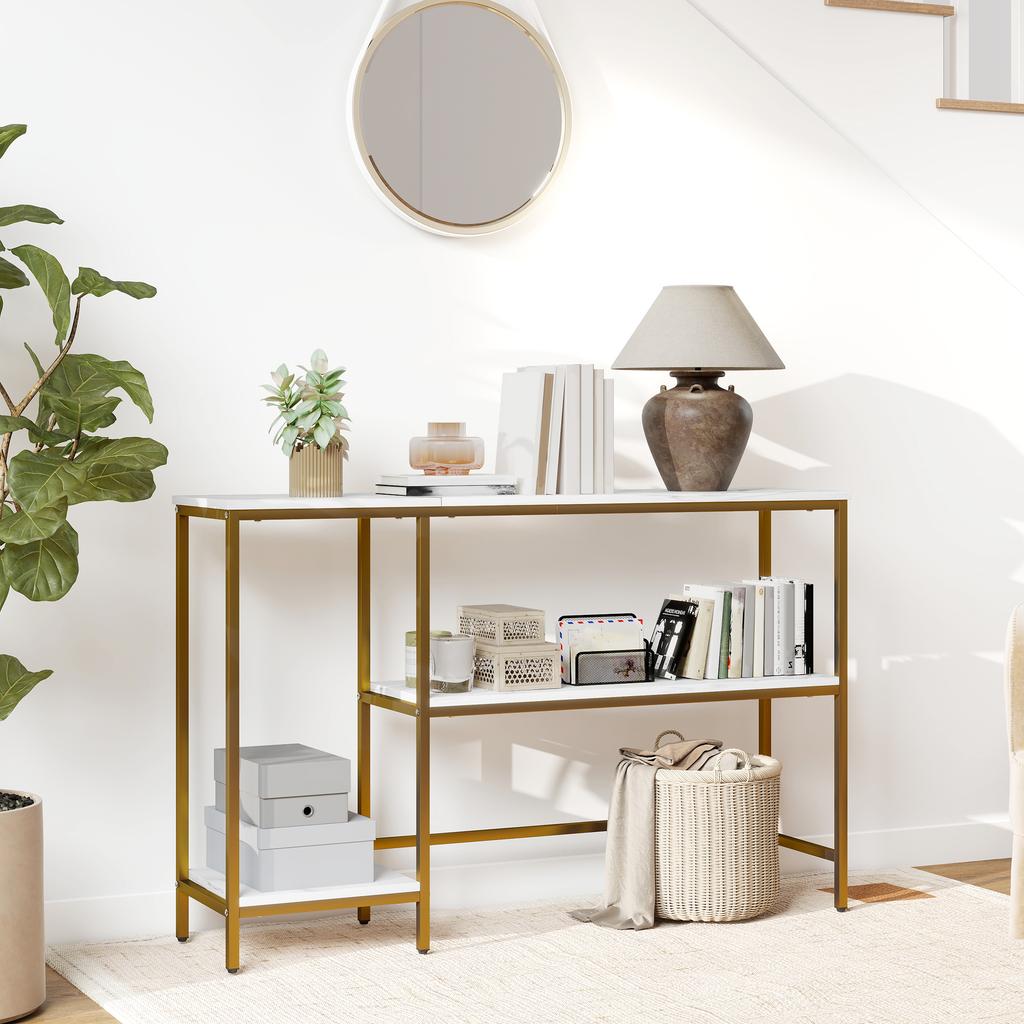 Mesa de Console de Três Níveis com Prateleiras de Armazenamento e Tampo com Efeito Mármore, 120 cm, Branco e Dourado