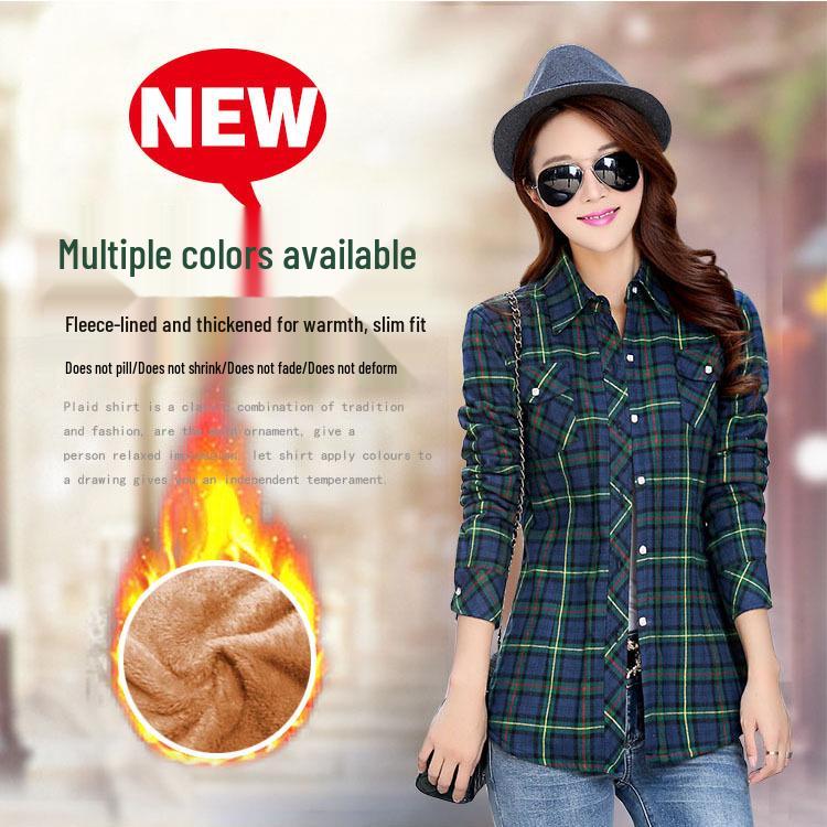 Women's 2025 Autumn/Winter Fleece-Lined Plaid Shirt: Thick, Slimming, Long-Sleeve Cotton Shirt