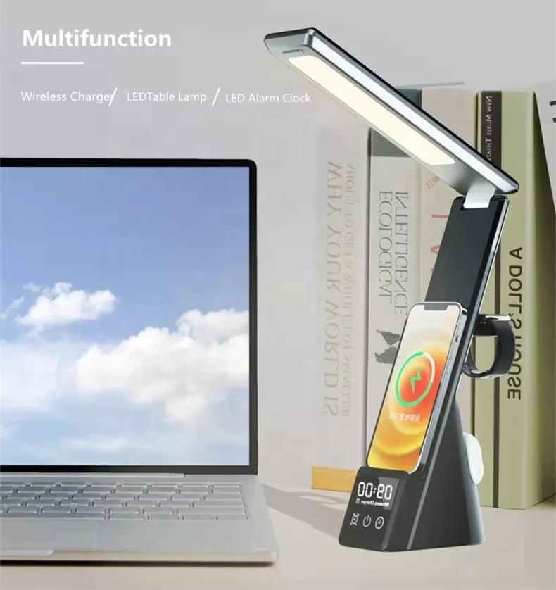 Wireless Charger 6 In 1 Table Lamps FS-N61 Wireless Charger Station With LED Alarm Clock & Mobile Phone Holders for iPhone