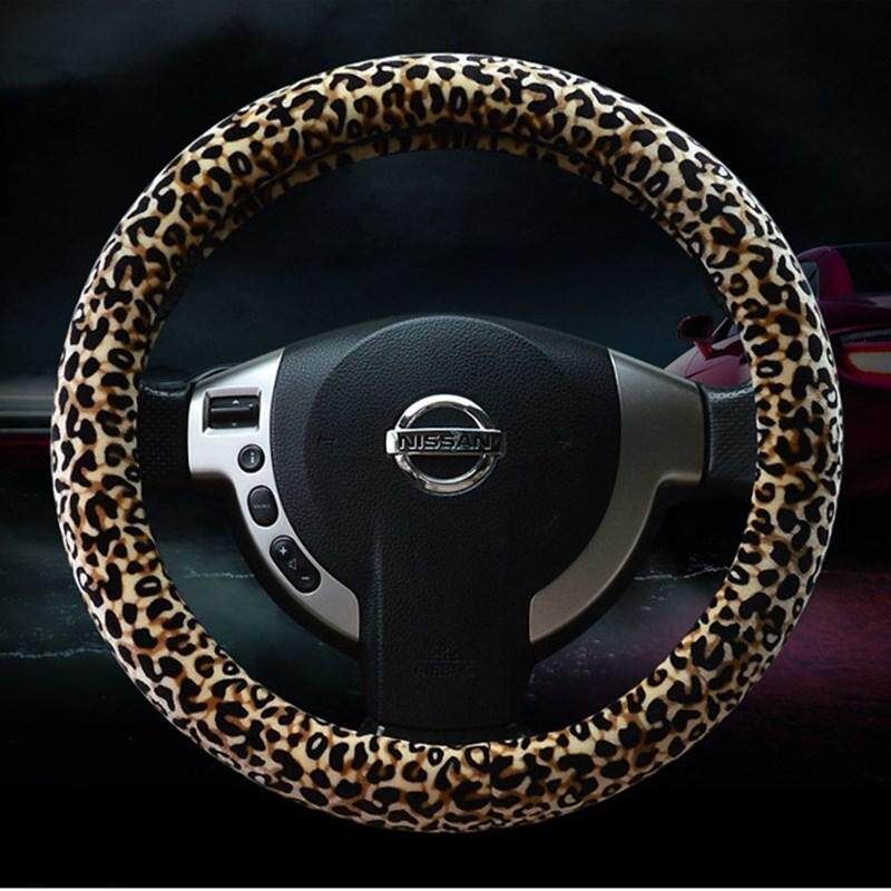 Car Steering Wheel Cover Winter Short Plush Korean Cute Female Leopard Print Cartoon Warm Anti-Slip Steering Wheel Cover Winter Leopard Print Coffee Steering Wheel Cover