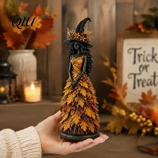 Gothic Shelf Accent Autumn Witch Figurine Statue, Resin Halloween Fall Tabletop Decor, Thanksgiving Table Centerpiece Ornament for Mantel Fireplace