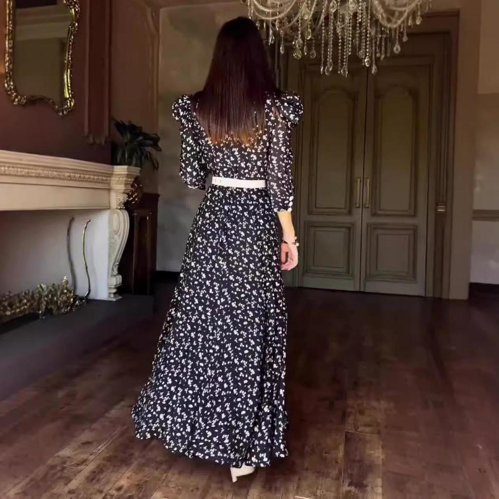 2024 Autumn Women's Korean Style Polka Dot Color Block Elegant Long Dress