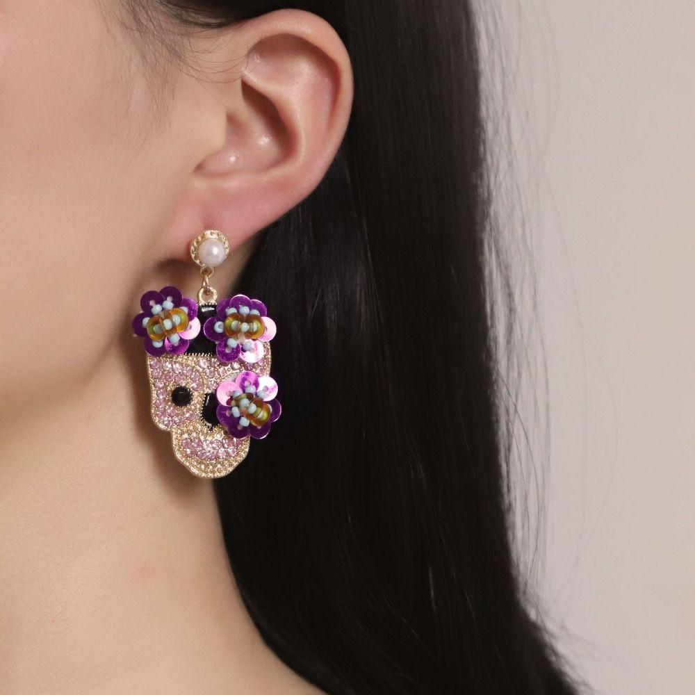 Personality Vintage Earring Rhinestone Glitter Skeleton Stud Earrings  Women