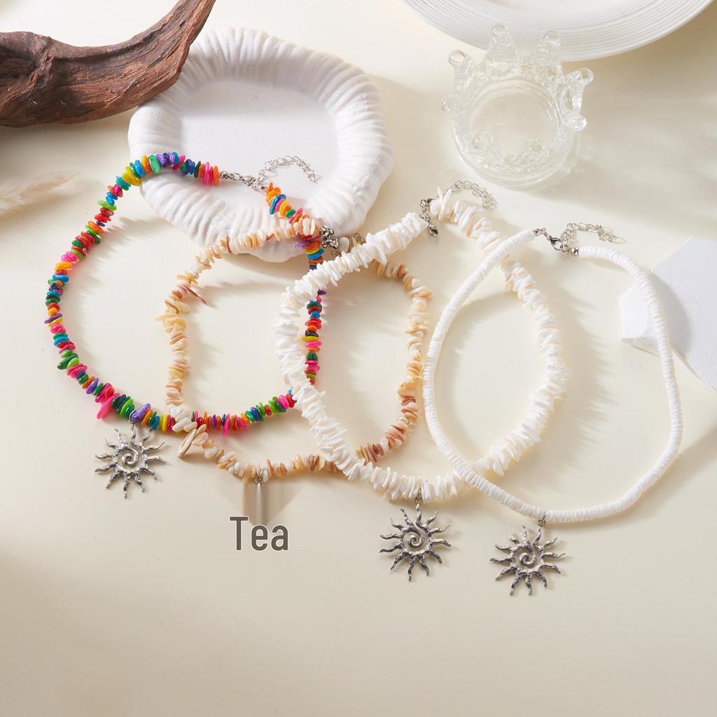 Bohemian Colorful Stone Beaded Necklace with Retro Sun Pendant Choker