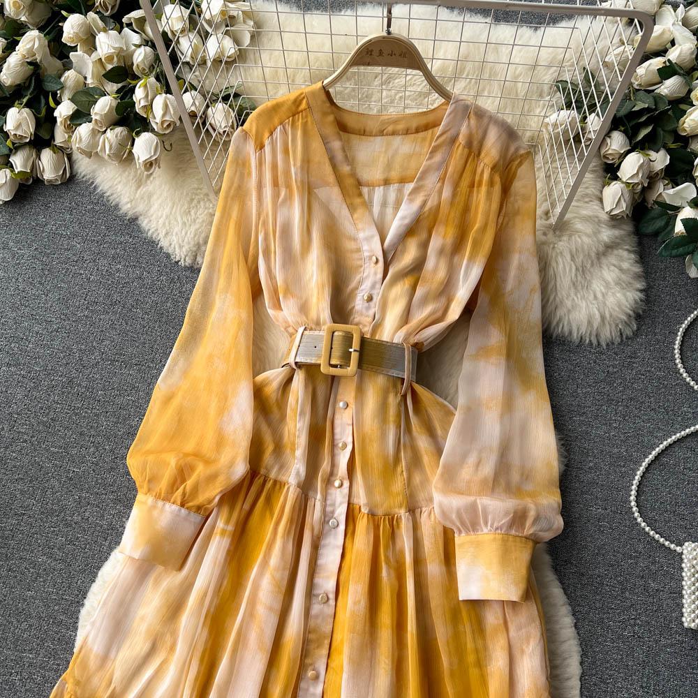 Women French Fashion Single Breasted V Neck Long Dress With Belt Summer Autumn Elegant Print A-line Robe Female Holiday Clothes