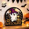 Autumn Seasonal Welcome Decor Halloween Ghost Pumpkin Round Wooden Door Hanger Wall Plaque Indoor Festive Party Supplies with Rope Hanging for Front