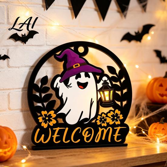 Autumn Seasonal Welcome Decor Halloween Ghost Pumpkin Round Wooden Door Hanger Wall Plaque Indoor Festive Party Supplies with Rope Hanging for Front