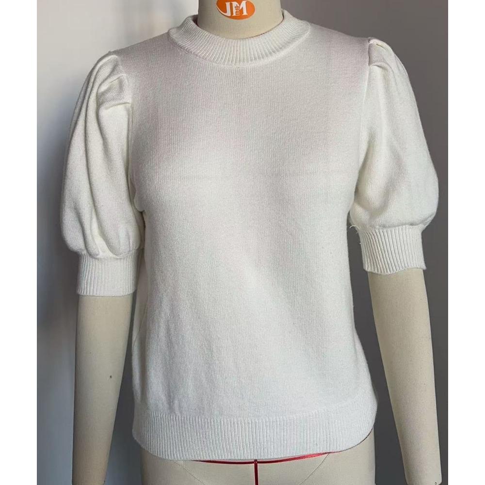Summer and Autumn Casual Simple Round Neck Bubble Sleeve Solid Color Short Sleeved Sweaters