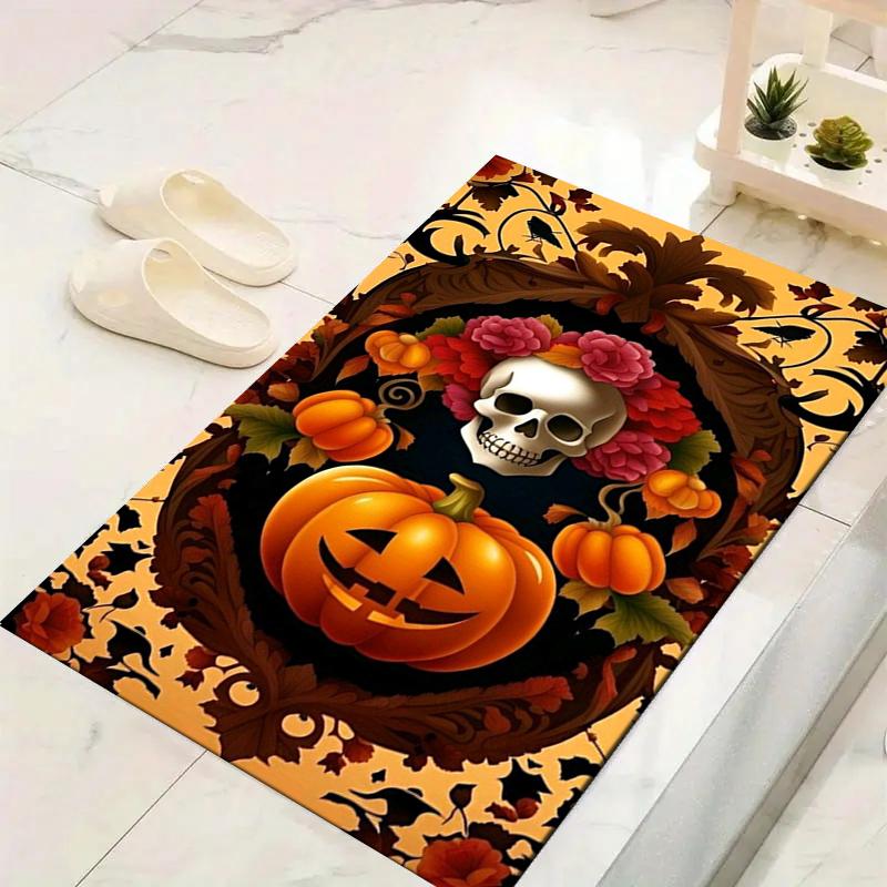 1Pc Halloween Skull Pumpkin Rug, Office Carpet Indoor Outdoor Doormat, Non-Slip, Comfortable, Living, Christmas Halloween, Xmas Gift Eg116