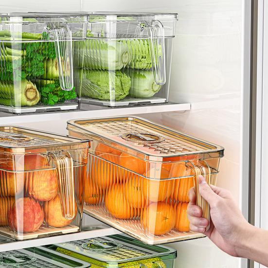 Refrigerator Storage Box with Lid And Handle Built-in Drain Partition Transparent Container for Fruits Vegetables