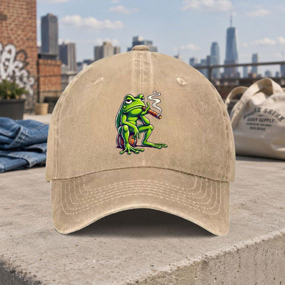 Smoking Frog Cap Vintage Washed Duckbill Baseball Hat Hook  Loop Closure Unisex FrogThemed Casual Graduation Gift