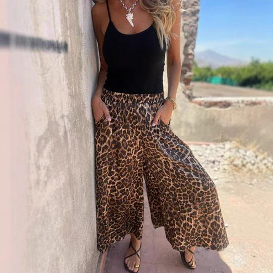 

High-Waisted Leopard Print Wide-Leg Pants - Casual Versatile Vacation Wear for Women Large хакі