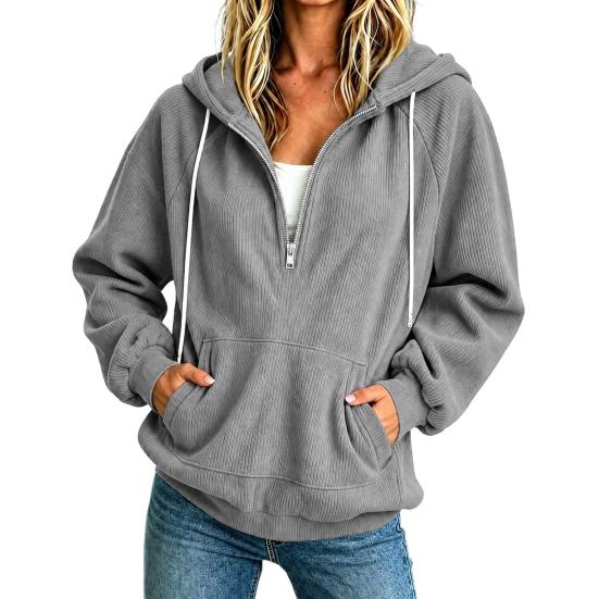 Comfortable Loungewear Top Womens Quarter Zip Hoodie, Oversized Loose Fit Long Sleeve Sweatshirt with Full Corduroy Hoodie Drawstring Hood Kangaroo