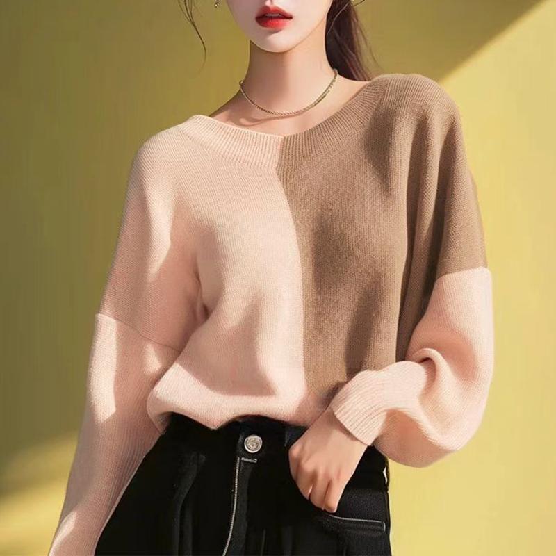 ZANZEA Women Casual Round Neck Long Sleeve Colorblock Knitted T-Shirts