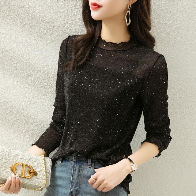 

Модная облегающая темпераментная тонкая футболка с блестками, эластичная кружевная нижняя рубашка, женский топ с длинными рукавами XXXL чёрный