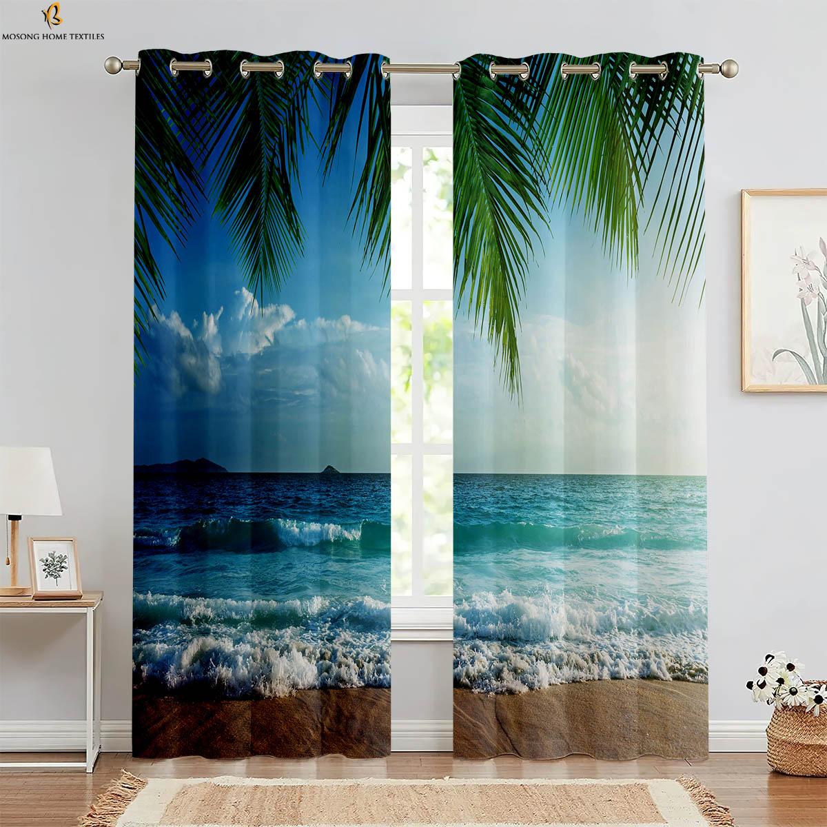

Set Of 2 Blue Sky Beach Seaside Scenery Stereo Printing Curtains Kitchen Bedroom Living Room Window Decoration Curtain Polyester Perfect For W100*H130(CM)-Hooks&2PCS