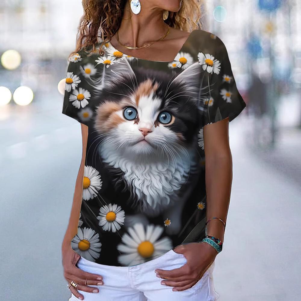 New Diagonal V-neck T-shirt for Women, Short Sleeved Summer Clothing, Animal Printed Loose Cat T-shirt
