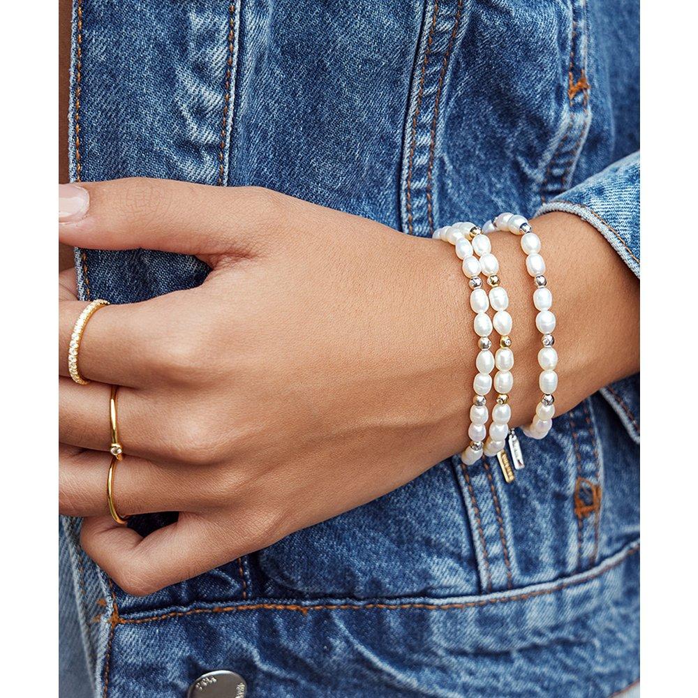 Natural Freshwater Pearl Cubic Zirconia Bezel Set 925 Silver Bracelet B058-05H