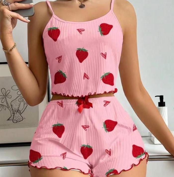 Niedliches Erdbeerdruck Pyjama-Set Damen Ärmelloses Oberteil Elastischer Bund Shorts Bequeme Nachtwäsche