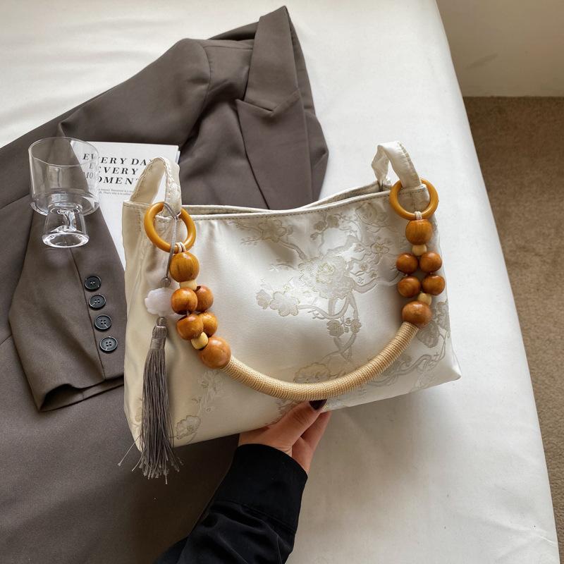 New Chinese niche velvet embossed dark pattern versatile armpit bag, high-end retro foreign style wooden beads, shoulder hand bag