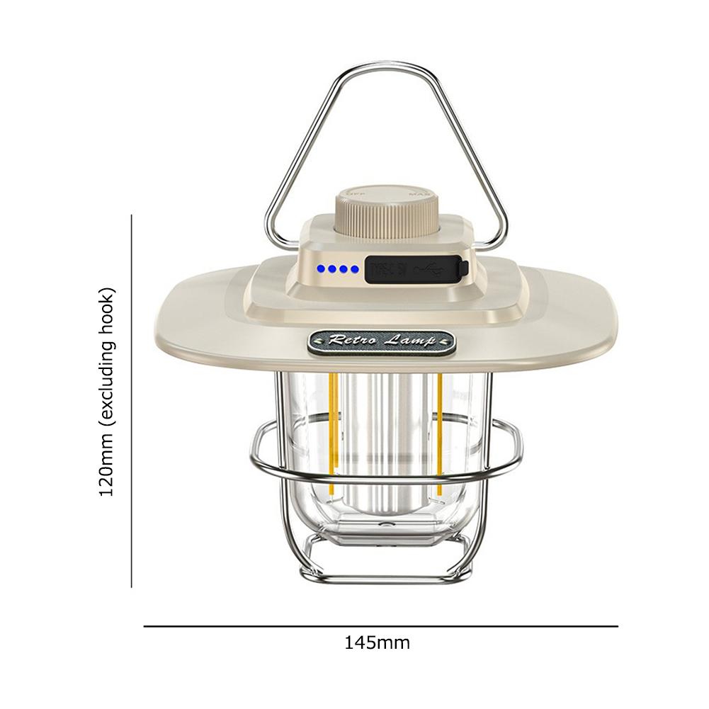 LED Camping Light Retro Hanging Tent Lamp Waterproof Type-c Charging with Hook Battery Indicator Emergency Light for Outdoor