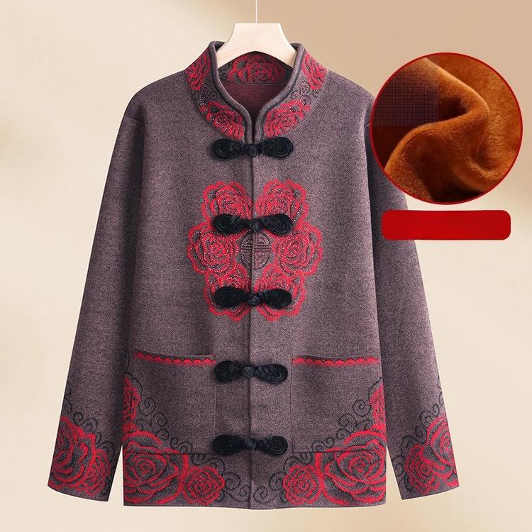 Middle-aged and Elderly Female Grandmother In Spring Coat Old Lady Autumn and Winter Zodiac Year Mother Wears Red Sweater Plus Velvet Thickened