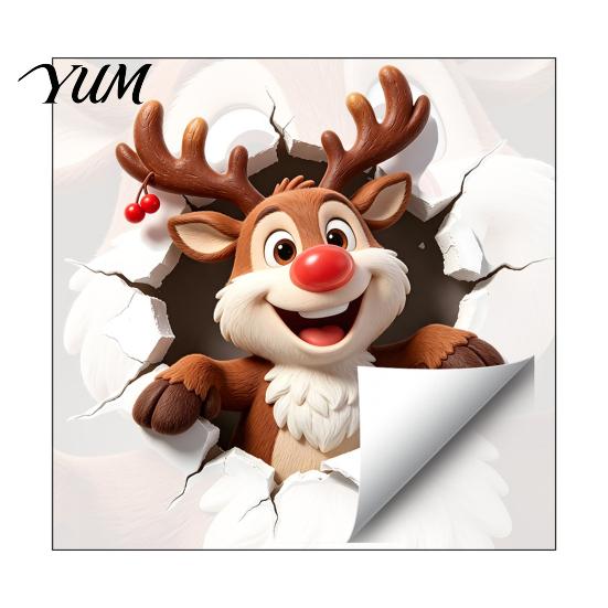 Creative Gifts for Friends Christmas Reindeer Wall Decal, 3D Hole Illusion Red Nose Rudolph Sticker, Easy Apply Decals Peel And Stick Waterproof